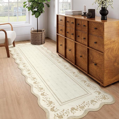 Garvee 2x6 Runner Rug Scalloped Kitchen Runner Rug Entryway Runners Ivory | Washable Non Slip Modern Bordered Foldable Thin Accent Carpet Low Pile Soft Nursery Rugs for Hallway Bathroom Bedside Laundry