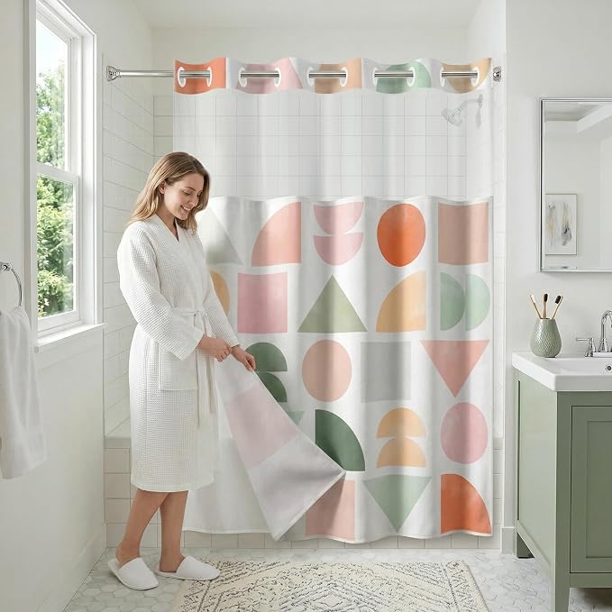 Americanflat 72x75 Hookless Shower Curtain - Water-Resistant Geometric Pastel Shower Curtain with Sheer Panel, Snap-in Liner, and Grommets - 100% Polyester - Peach, Green, Pink, Yellow & White