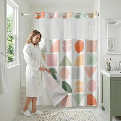 Americanflat 72x75 Hookless Shower Curtain - Water-Resistant Geometric Pastel Shower Curtain with Sheer Panel, Snap-in Liner, and Grommets - 100% Polyester - Peach, Green, Pink, Yellow & White