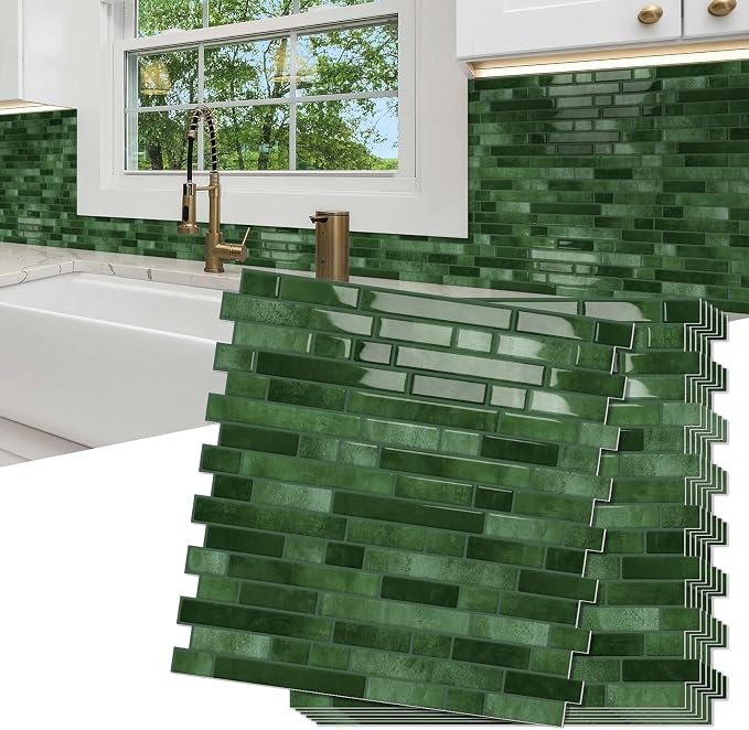 10 Sheets Thick Peel and Stick Kitchen Backsplash Tiles | 3D Waterproof Self Adhesive Wall Tile Stick on Backsplash for Kitchen,Bathroom and Fireplace(Green,12"×12")