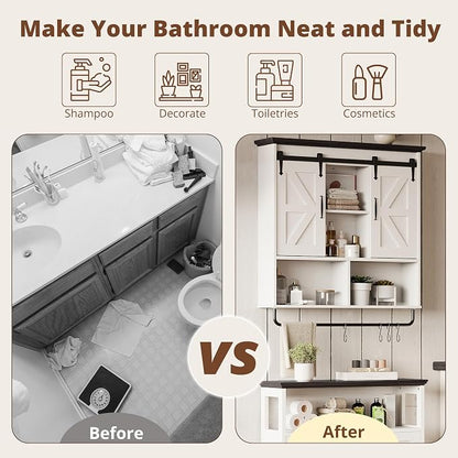 IRONCK Bathroom Wall Cabinet, Farmhouse Medicine Cabinet with Sliding Barn Door and LED Lights, Storage Cabinet Wall Mounted with Adjustable Shelves & Towel Bar for Bathroom, Kitchen, White