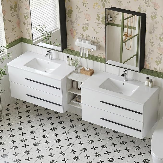 84 Inch Floating Double Sink Bathroom Vanity, Modern Bathroom Vanity with Double Sink, Wall Mounted Bathroom Vanity Cabinet with Large Storage Drawers,Open Storage Shelf, White