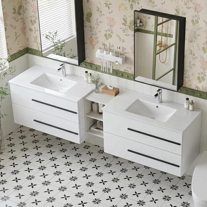 84 Inch Floating Double Sink Bathroom Vanity, Modern Bathroom Vanity with Double Sink, Wall Mounted Bathroom Vanity Cabinet with Large Storage Drawers,Open Storage Shelf, White