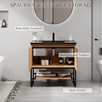 LUCKWIND 36" Modern Bathroom Vanity with Single Black Sink Combo, Freestanding Storage Cabinet with Metal Frame, Matte Black Faucet and Open Shelf and 2 Soft-Closing Door, Natural