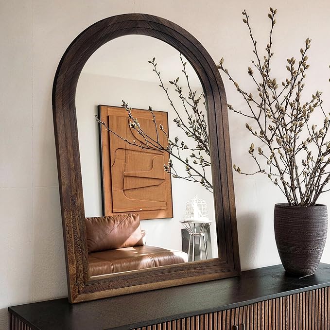 Arched Bathroom Mirror, 38"x26" Brown Wood Frame Wall Mirror | Farmhouse Vintage Vanity Mirror with Layered Frame for Entryway, Living Room, Bedroom