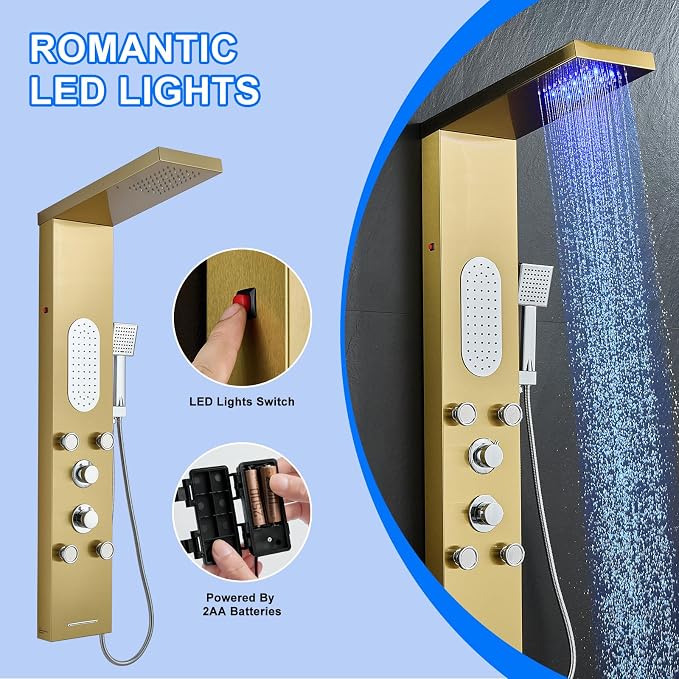 5-Jet LED Shower Panel Tower System Stainless Steel Brushed Gold | Rainfall head | 5 body jets | Handheld shower | LED lights | Brushed gold finish | Wall mount