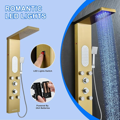 5-Jet LED Shower Panel Tower System Stainless Steel Brushed Gold | Rainfall head | 5 body jets | Handheld shower | LED lights | Brushed gold finish | Wall mount