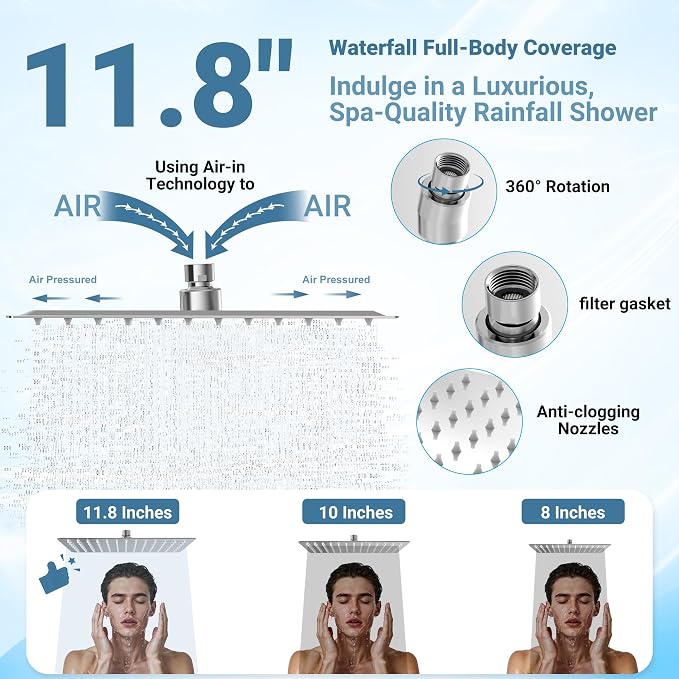 Filtered Shower Head with Handheld, 11.8" Rain Shower Head, High Pressure | 10-Function Spray Options, Adjustable Extension Arm, Secure Adhesive Holder, Easy Installation, Stainless Steel-Chrome Finish