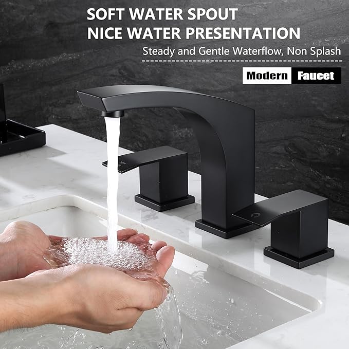 3 Hole Bathroom Faucet Matte Black, 2 Handle 8 inch Widespread Bathroom Sink Faucet with Pop Up Drain and cUPC Supply Hose, Black Bathroom Vanity Faucet 3 Hole WI37151BK