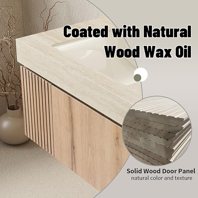 Bathroom Vanity with Sink 30 Inch, Floating Bathroom Vanity Sink Cabinet with Drawer and Door, Undermount Sink & Travertine-Pattern Sintered Stone Top, Pre-Assembled, White Oak