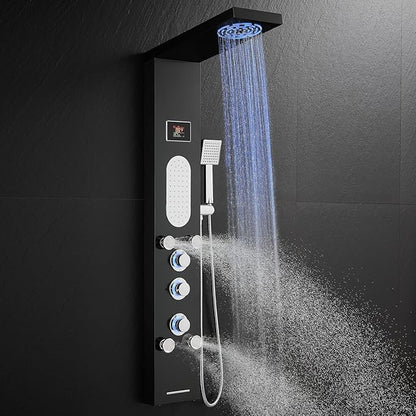 ROVOGO LED Shower Panel Tower System with Mist Rainfall Shower Head, Body Jets, Handheld and Tub Spout, No Battery Led Lights and Digital Display, Simultaneous Shower Column Stainless Steel, Black