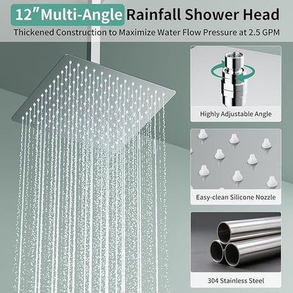 Shower Faucet Set Shower System - SR SUN RISE Polished Chrome Shower Trim Kit with Dual Shower Head, 12'' Ceiling Rainfall 6'' Wall Mount with Handheld Shower for Couples, Complete 6 Diverter Valve