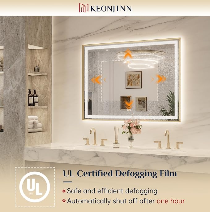 Keonjinn 40x30 Inch Gold LED Bathroom Mirror with Lights, Beveled Edge | Frontlit & Backlit, Lighted Bathroom Mirror, HD Tempered Glass, 3 Color Temperatures, Anti-fog, Stepless Dimmable