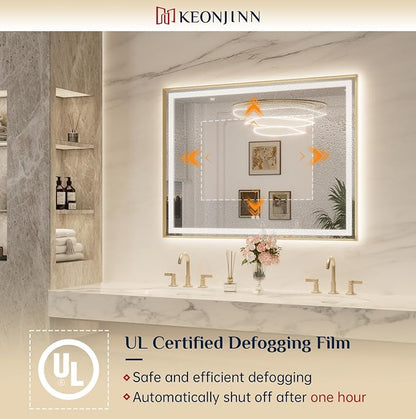 Keonjinn 40x30 Inch Gold LED Bathroom Mirror with Lights, Beveled Edge | Frontlit & Backlit, Lighted Bathroom Mirror, HD Tempered Glass, 3 Color Temperatures, Anti-fog, Stepless Dimmable