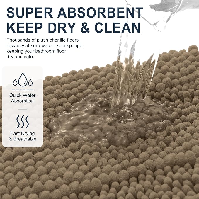 Smiry Thick Chenille Bathroom Runner Rugs 44x24, Absorbent Bath Mat, Tan | Quick‑Dry & Machine Washable, Non‑Slip Bath Carpet, Soft Striped Bath Rugs for Tub & Shower, Modern Home Decor Accessories