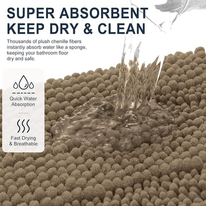 Smiry Thick Small Chenille Bathroom Rugs 24x16, Absorbent Bath Mat, Tan | Quick‑Dry & Machine Washable, Non‑Slip Bath Carpet, Soft Striped Bath Rugs for Tub & Shower, Modern Home Decor Accessories