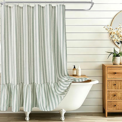 ORTIGIA Linen Textured Ruffle Shower Curtain 72x72 Inch with Metal Hooks, Vintage Cream-Green Waterproof Bath Curtain for Rustic Farmhouse Bathroom Decor