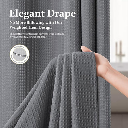 Long Waffle Shower Curtain 256 GSM Heavy Fabric 72x80 Grey/Gray | 80 Inch Long, Thick Cloth, Weighted Hem, Water Repellent, Hotel Luxury Polyester Shower Curtain Set for Bathroom 12 Hooks