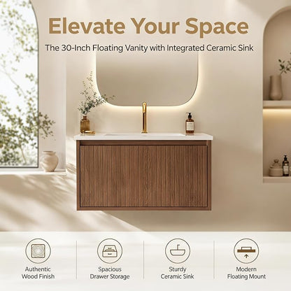 30 Inch Floating Bathroom Vanity with Ceramic Sink, Modern Striped Wall Mount Vanity Cabinet with Compartmentalized Storage Drawer, Walnut