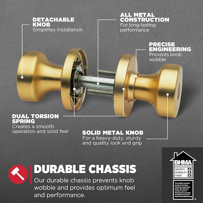 Kwikset Pismo Entry Door Knob with Lock and Key, Secure Keyed Handle Exterior, Front Entrance and Bedroom, Satin Brass, 4 Pack, Pick Resistant SmartKey Rekey Security