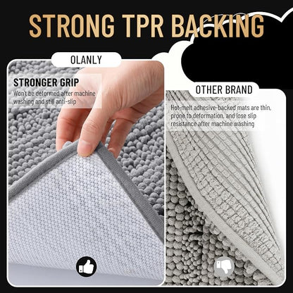 OLANLY Thick Bathroom Runner Rugs 59x20, Soft Chenille Long Bath Rugs, Grey | Absorbent Striped, Rubber Backing, Machine Wash, Bath Mats for Bathroom Floor, Tub and Shower, Home Decor Accessories