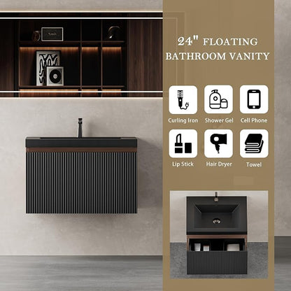 24 Inch Floating Bathroom Vanity with Sink, Modern Black Wall Mounted Floating Vanity with Scratch-Resistant Quartz Sand Basin, Soft Closing Drawers, Fully Pre Assembled Bathroom Vanity