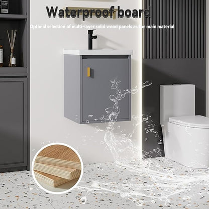 16'' Bathroom Vanity with Ceramic Sink Combo, Wall Mounted Small Bathroom Vanity with Soft-Close Door Modern Floating Cabinet, Pop-up Drain, P-Trap Included, Gray(No Faucet)