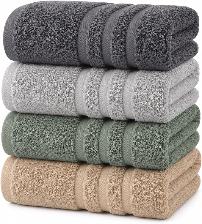 Velqora Bath Towels 4 Pack, 30x60 in, 100% Cotton, Soft, Multicolor | Gray, Light Gray, Sage Green & Beige Mix | Absorbent Terry | Balanced Weight | Easy Care