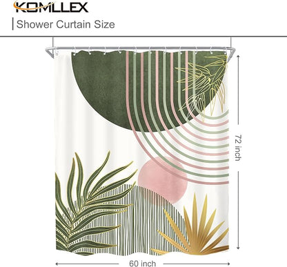 Mid Century Sage Green Pink Boho Abstract Bathroom Shower Curtain Set | 60Wx72L S Plant design, waterproof HD print with fast-drying fabric and 12 hooks.