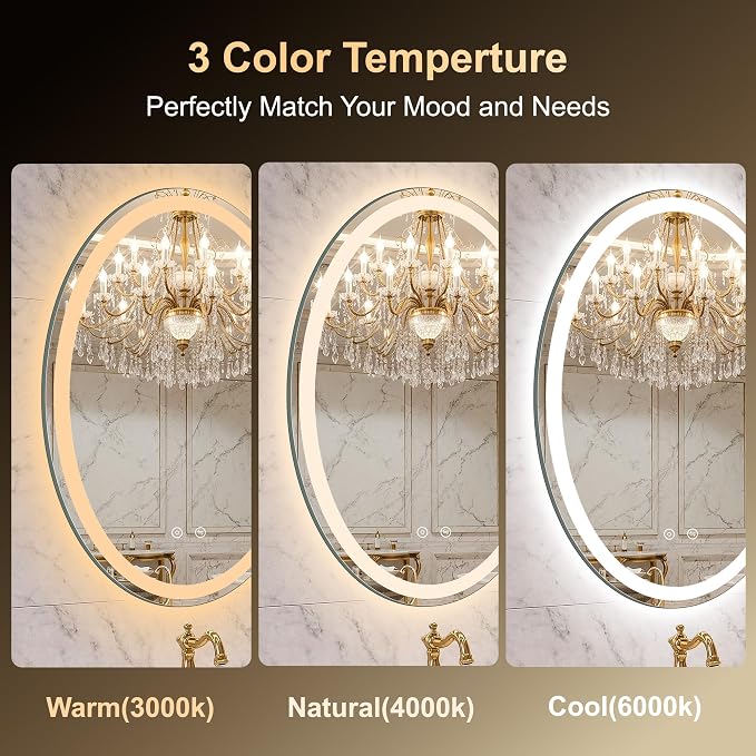 Oval LED Mirror for Bathroom,22x32 Lighted Vanity Mirror with Lights | Smart Anti-Fog, Dimmable 3 Color Modes, Backlit+Frontlit, Memory Function, HD Tempered Glass,Touch Sensor,Horizontal/Vertical