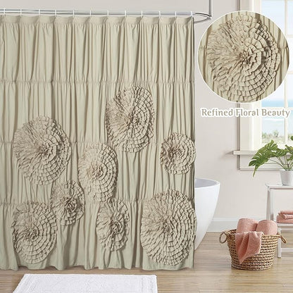 72 x 72 Camel Vintage Ruffled Floral Shower Curtain, Farmhouse Decorative Bathroom Curtain with Ruched 3D Flowers, Cottage Cloth Bath Curtain for Home Decor, Microfiber (LQ-41)