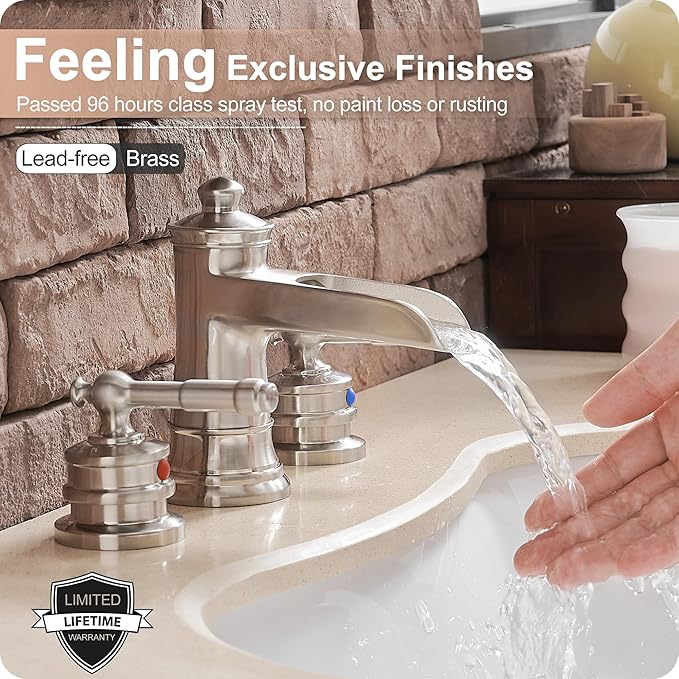 4-16 Inch Widespread Bathroom Faucet Brushed Nickel, Brass Waterfall Faucet for Bathroom Sink, 2 Handles with cUPC Water Hoses & Pop-Up Drain, 10 Mins Easy Installation, Saving Water, Modern