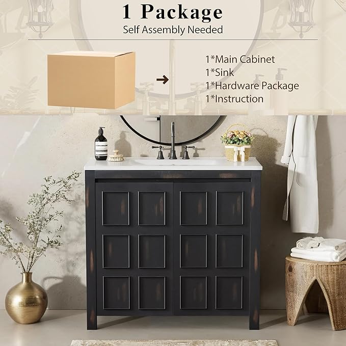 36" Bathroom Vanity,Farmhouse Vanity with Ceramic Sink, Set Bathroom Storage Cabinet, Espresso
