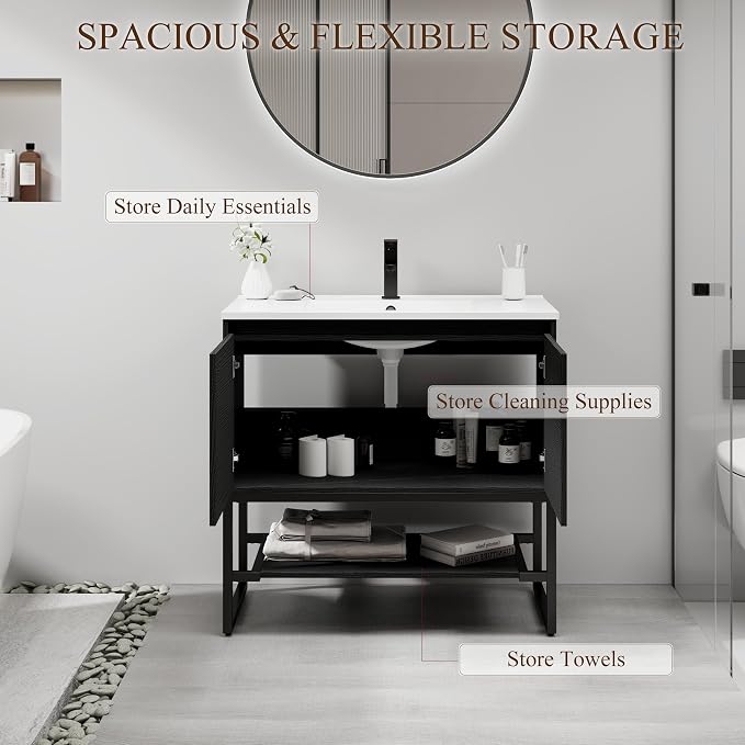 LUCKWIND 36" Modern Bathroom Vanity with Single White Sink Combo, Freestanding Storage Cabinet with Metal Frame, Matte Black Faucet and Open Shelf and 2 Soft-Closing Door, Black