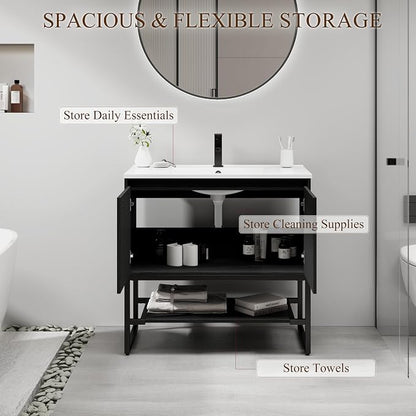 LUCKWIND 36" Modern Bathroom Vanity with Single White Sink Combo, Freestanding Storage Cabinet with Metal Frame, Matte Black Faucet and Open Shelf and 2 Soft-Closing Door, Black