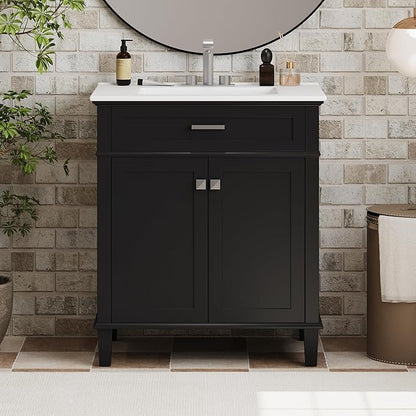 Favfurish 30" Bathroom Vanity with Ceramic Sink,Undermount Single Basin Bath Vanity Set w/2 Soft-Close Doors and Adjustable Shelf,Modern Freestanding Storage Cabinet,Solid Wood Frame,Black
