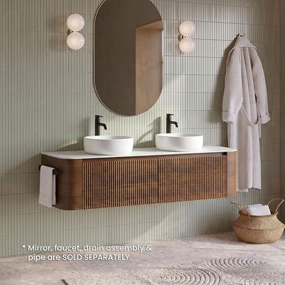 60" Preassembled Double Floating Bathroom Vanity with Round Sink, Walnut | Mid-Century Modern Style, Fluted & Soft-Close Drawer with U-shaped Wall, Sinterted Stone Countertop, Towel Rack Included
