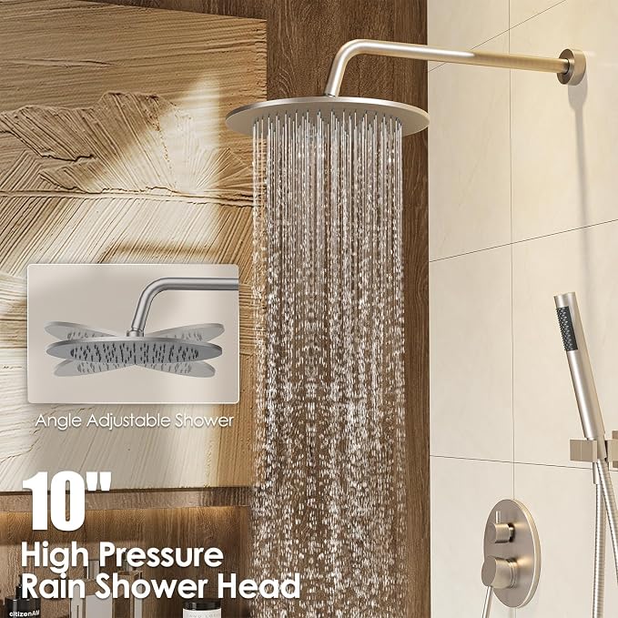 Gabrylly Shower System, 10" Wall Mounted Shower Faucet Set, Brushed Nickel | Rain Shower Head with Handheld Spray Combo, All Metal Rainfall Shower Head Complete Set Shower Mixer Valve for Bathroom