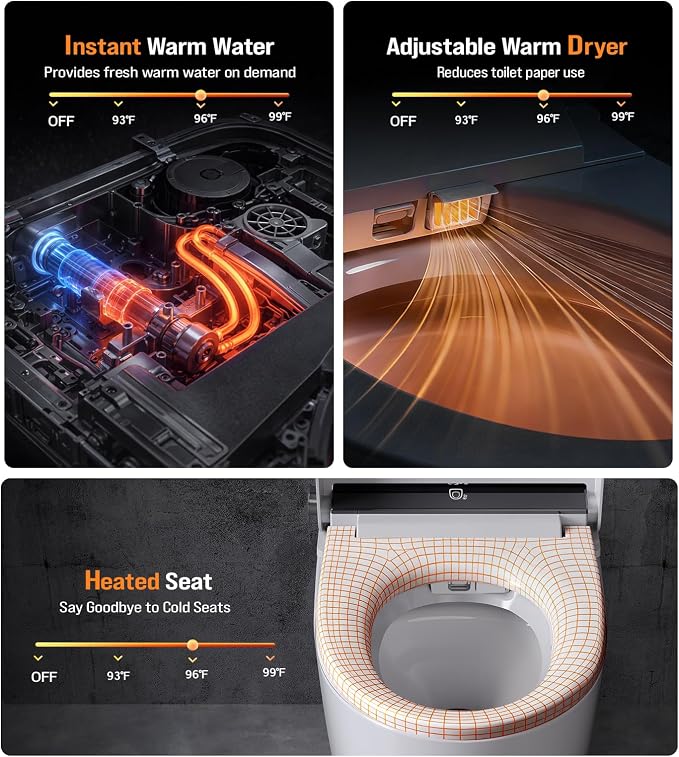 Smart Toilet with Bidet Built In, Tankless Bidet Toilet with 1000g MaP Flush Power, Auto Open/Close Lid, Dual Auto Flush, Heated Seat, Air Dryer, Multiple Cleaning Modes, Foot Sensor