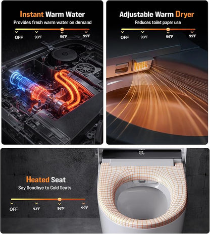 Smart Toilet with Bidet Built In, One-Piece Tankless Design with Remote,Auto Open & Close Lid, Dual Auto Flush, Heated Seat, Warm Air Dryer, Multiple Wash Modes & Temp Display