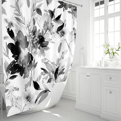 Black and White Watercolor Black Floral Shower Curtain for Bathroom, 72x72 | Modern Abstract Flower Decorative Fabric Shower Curtain Set with Hooks