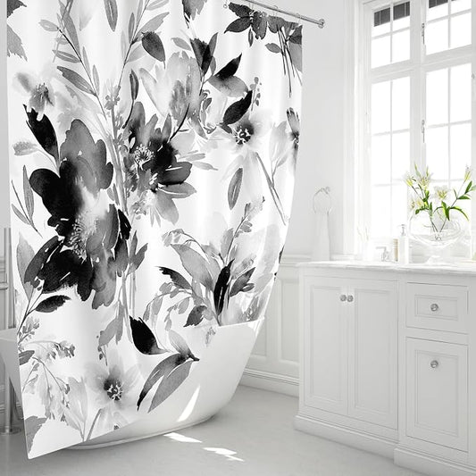 Black and White Watercolor Black Floral Shower Curtain for Bathroom, 72x72 | Modern Abstract Flower Decorative Fabric Shower Curtain Set with Hooks