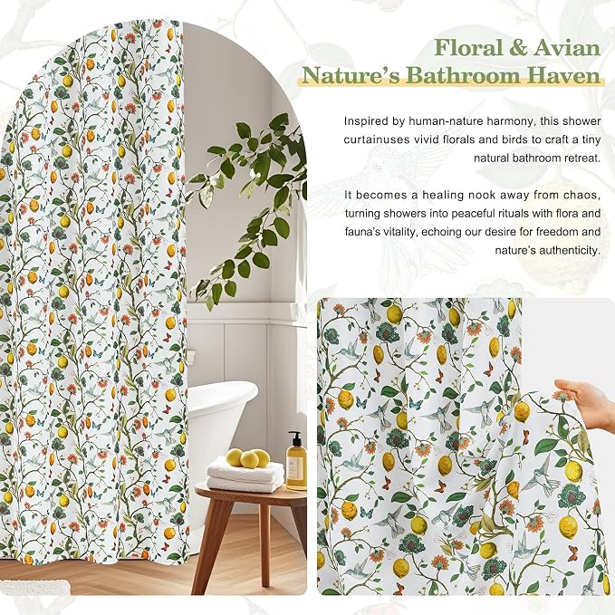 Floral Bird Shower Curtain 72x72, Hummingbird and Lemon Botanical Fabric Bath Curtains, Lightweight Quick-Dry Bathroom Decor Set with Hooks