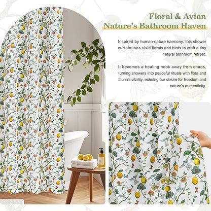 Floral Bird Shower Curtain 72x72, Hummingbird and Lemon Botanical Fabric Bath Curtains, Lightweight Quick-Dry Bathroom Decor Set with Hooks