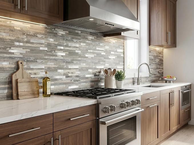 Yipscazo 2026 New Upgrade Peel and Stick Stone Metal Backsplash, PVC Wall Tiles Stick on Tiles for Backsplash Kitchen, Bathroom, Fireplace (40 Sheets, Light Wood)