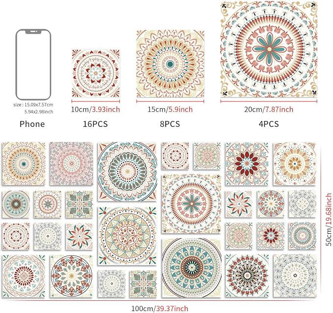 Easy Peel Stick Vinyl DIY wall Tile Decals Stick on backsplash,28pcs | 4,6,8in square tiles in 1 pack,waterproof tiles for kitchen RV laundry backsplash,remove no damage,pink mandala pattern