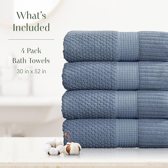 4 Pack 100% Cotton Bath Towels | Blue Towels | Oeko‑TEX Standard 100 | Soft & Absorbent, Quick‑Dry | Trinity Collection - Flint Stone