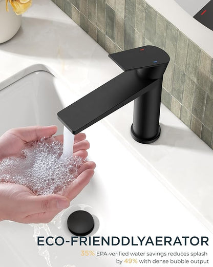 FORIOUS Black Bathroom Faucet 1 Hole, Single Lever Bathroom Sink Faucet Single Hole with Pop-up Drain and Supply Line, Rv Vanity Tap 1 or 3 Hole with Deck Plate for Lavatory Sink Remodel