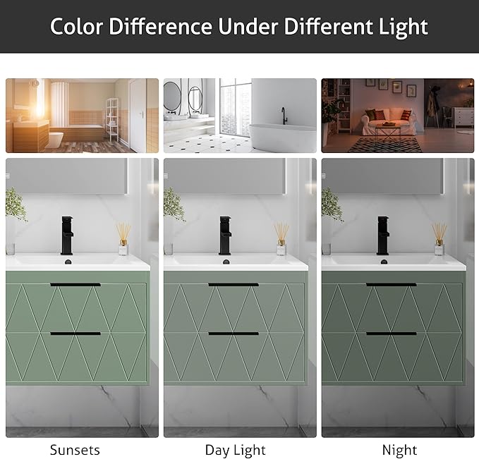 eclife 30" Bathroom Vanities Cabinet with Sink Combo, Wall Mounted Floating Cabinet W/Decor Line, Soft-Close System, 2 Extra Big Drawers, Matte Black Faucet, Gray Green