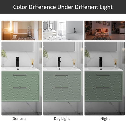 eclife 36" Bathroom Vanities Cabinet with Sink Combo, Wall Mounted Floating Cabinet W/Decor Line, Soft-Close System, 2 Extra Big Drawers, Matte Black Faucet, Gray Green